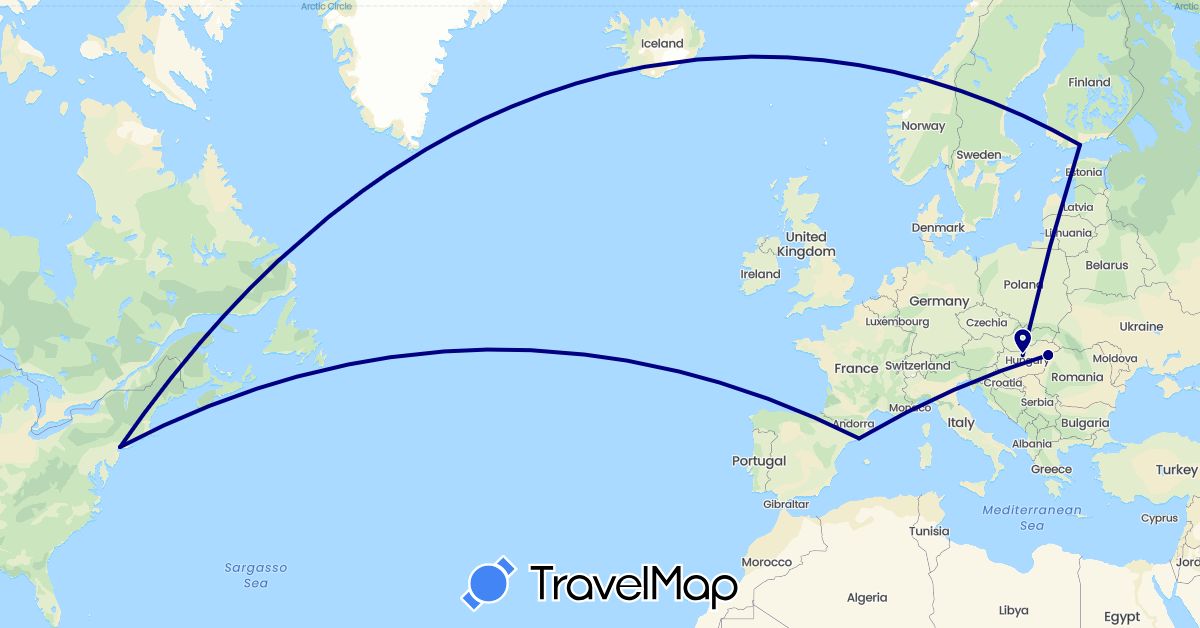 TravelMap itinerary: driving in Spain, Finland, Hungary, United States (Europe, North America)