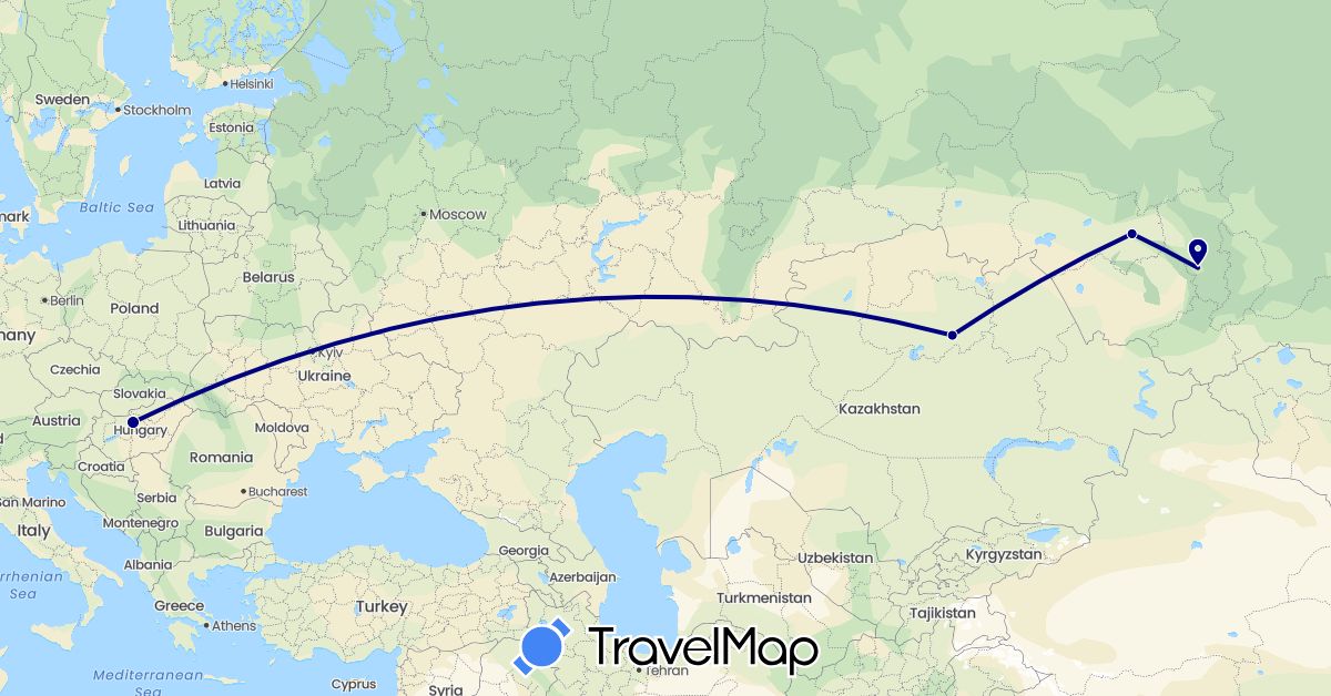 TravelMap itinerary: driving in Hungary, Kazakhstan, Russia (Asia, Europe)